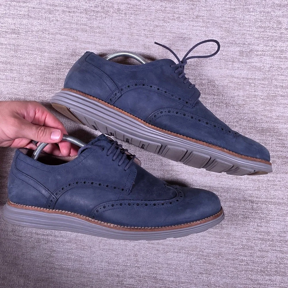 Cole Haan Grand OS Mens 11 Blue Leather Wingtip Oxford C26473 Brogue Dress Shoe